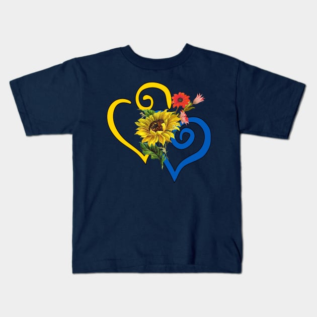 Red and Gold Sunflower Bouquet on Sapphire Blue and Yellow Curvy Heart Kids T-Shirt by SeaChangeDesign